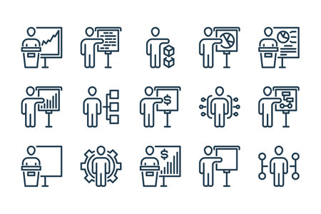 Presenter and Business Presentation related line icon set. Conference and Training Courses vector icons.のイラスト素材