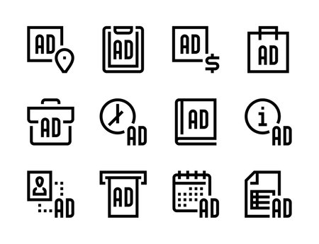 Advertising placement and Media advertisement line vector icons. Online Ad and Digital commercial editable stroke outline icon set.のイラスト素材