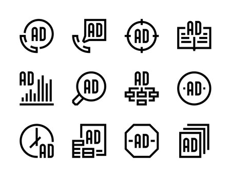 Advertising placement and Media advertisement line vector icons. Online Ad and Digital commercial editable stroke outline icon set.のイラスト素材