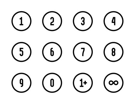 Numbers in a circle from zero to nine, add one and infinite symbol line vector icons. Numerical step editable stroke outline icon set.のイラスト素材