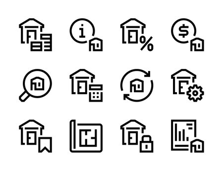Real Estate, Rental Property and Realtor services line vector icons. House for rent and sale editable stroke outline icon set.のイラスト素材