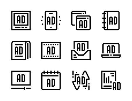 Advertising placement and Media advertisement line vector icons. Online Ad and Digital commercial editable stroke outline icon set.のイラスト素材