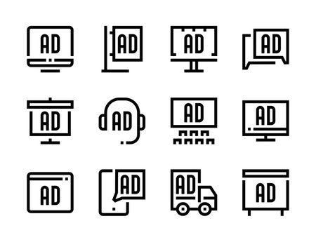 Advertising placement and Media advertisement line vector icons. Online Ad and Digital commercial editable stroke outline icon set.のイラスト素材