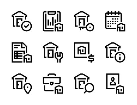 Real Estate, Rental Property and Realtor services line vector icons. House for rent and sale editable stroke outline icon set.のイラスト素材
