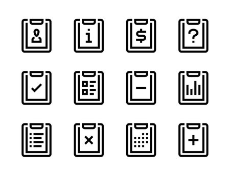 Clipboard and Task board line vector icons. Checklist and Service document editable stroke outline icon set.のイラスト素材