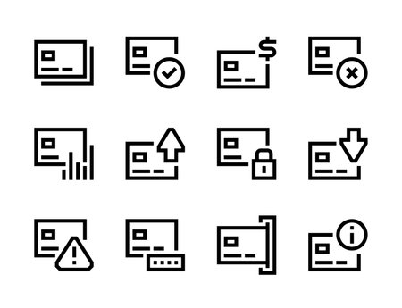 Credit card and Online payment functions line vector icons. Cashless payments and Transaction editable stroke outline icon set.のイラスト素材
