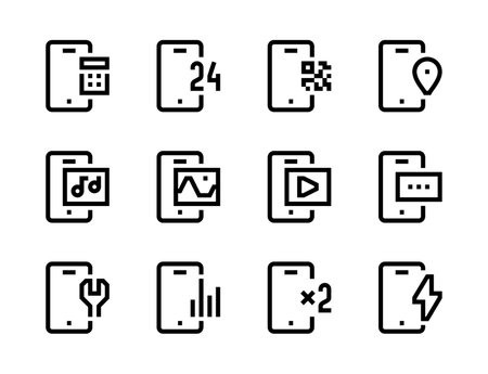 Mobile phone functions and Media settings line vector icons. Smartphone app editable stroke outline icon set.のイラスト素材
