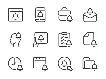 Bell and Notification vector line icons. Reminder and Announcement outline icon set.のイラスト素材