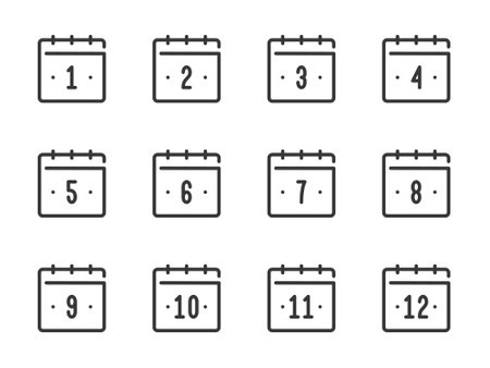 Calendar dates from 1 to 12 vector line icons. Calendar, Schedule and Timetable outline icon set.のイラスト素材