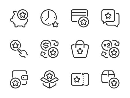 Bonus and Loyalty program vector line icons. Special points and Reward star outline icon set. Membership system, Benefit, Collect coins, Gift bonus offer and more.のイラスト素材