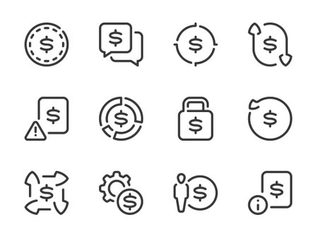 Money, Dollar and Finance vector line icons. Business and Financial advice outline icon set. Chart, Savings, Message, Lock, Money target, Statistical report and more.のイラスト素材
