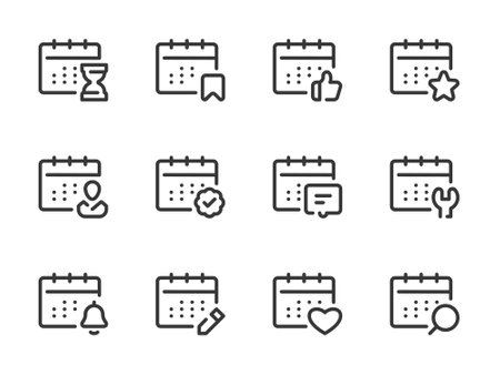 Calendar, Timetable and Date vector line icons. Schedule, Event and Appointment outline icon set.のイラスト素材