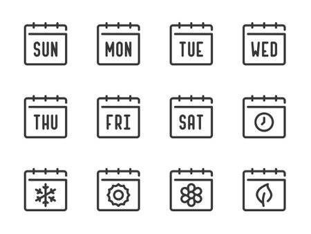 Days of the week and Seasons vector line icons. Calendar, Schedule, Date and Timetable outline icon set.のイラスト素材