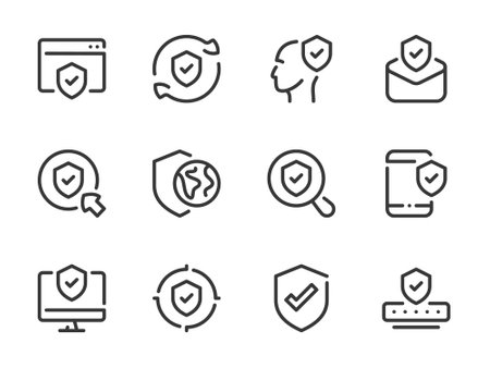 Data security and Cyber protection vector line icons. Web guard and Personal safety outline icon set. Shield with check mark, Access security, Guard and more.のイラスト素材