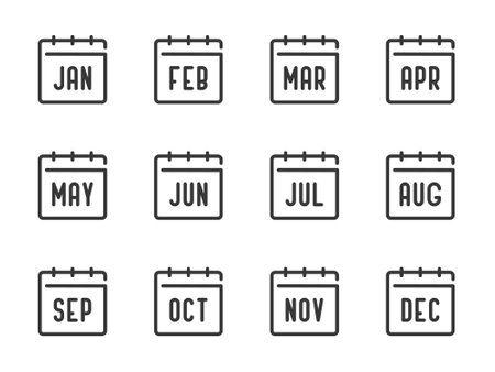 Ð¡alendar months vector line icons. Date, Schedule and Timetable outline icon set.のイラスト素材