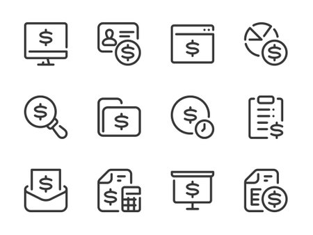 Money, Dollar and Finance vector line icons. Budget and Margin outline icon set. Financial document, Investment search, Payment term, Personal payment and more.のイラスト素材