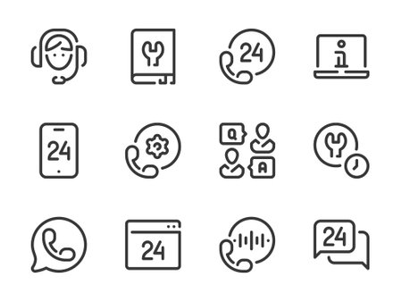 Customer support service and Helpline vector line icons. Help, Assistance and Consulting outline icon set.のイラスト素材