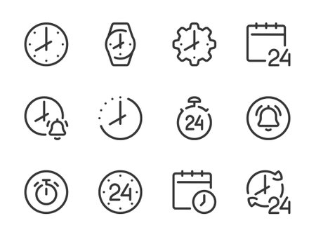 Time and Clock vector line icons. Watch and Hour outline icon set. Countdown, Timer, 24 Hours, Deadline, Time management and more.のイラスト素材