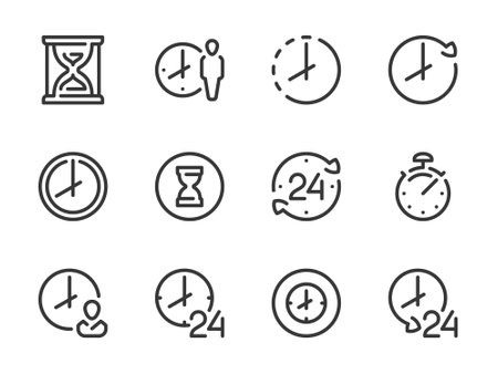 Time and Clock vector line icons. Watch and Hour outline icon set. Countdown, Timer, 24 Hours, Deadline, Time management and more.のイラスト素材