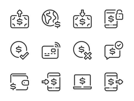 Money, Dollar and Finance vector line icons. Payment method and Online payment outline icon set. Money transfer, Online wallet, Pay by phone, Payment confirmed and more.のイラスト素材