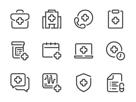 Healthcare vector line icons. Clinic and Hospital outline icon set. Ambulance, Medicine, Health, Medical service, First Aid and more.のイラスト素材