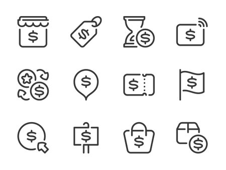 Money, Dollar and Finance vector line icons. Online shopping and Purchases outline icon set. Online shop, Price tag, Delivery box, Bonus exchange, Contactless payment, Signboard, Coupon and more.のイラスト素材