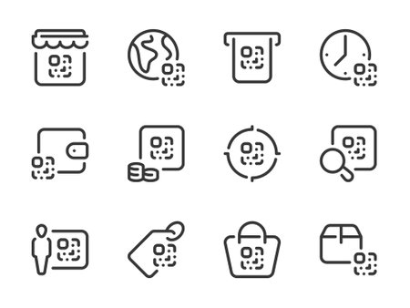 QR code vector line icons. Coded information outline icon set. Digital tag, Code scan, Encrypted data, Link barcode and more.のイラスト素材