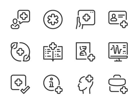 Healthcare vector line icons. Clinic and Hospital outline icon set. Ambulance, Medicine, Health, Medical service, First Aid and more.のイラスト素材