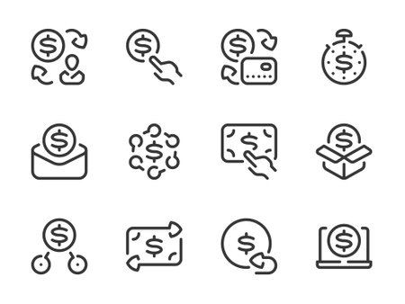 Money, Dollar and Finance vector line icons. Money transfer and Exchange outline icon set. Money movement, Salary, Savings, Cash income and more.のイラスト素材
