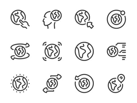 Globe and Earth vector line icons. Planet and Global network outline icon set.のイラスト素材