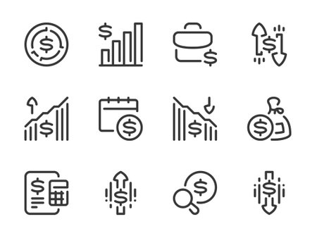 Money, Dollar and Finance vector line icons. Trading market and Financial analytics outline icon set. Stock portfolio, Trading schedule, Market profit, Investment search, Stock sales and more.のイラスト素材