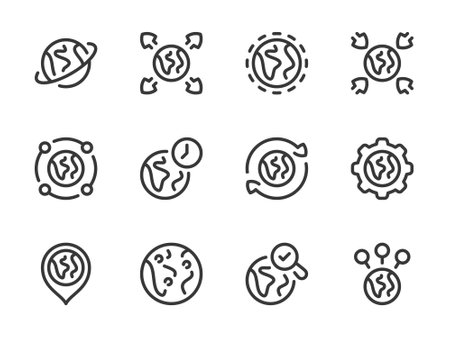 Globe and Earth vector line icons. Planet and Global network outline icon set.のイラスト素材