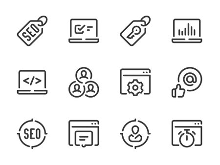 Search Engine Optimization vector line icons. SEO and Business research outline icon set.のイラスト素材