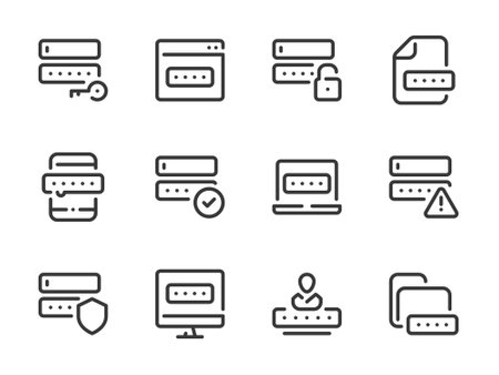 Password and Entry vector line icons. Pass code and Login outline icon set. Access key, Login protection, Online password, Successful access, Alert notification and more.のイラスト素材