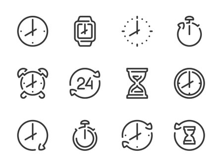 Time and Clock vector line icons. Watch and Hour outline icon set. Countdown, Timer, 24 Hours, Deadline, Time management and more.のイラスト素材