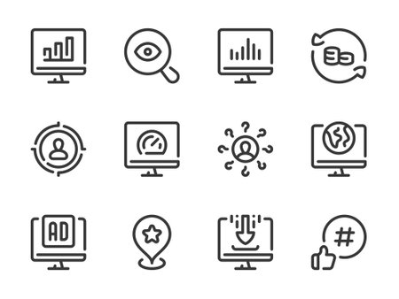 Search Engine Optimization vector line icons. SEO and Business research outline icon set.のイラスト素材