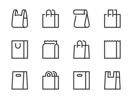 Shopping bag and Shopper variations vector line icons. Paper market pack and Grocery handbag outline icon set.のイラスト素材