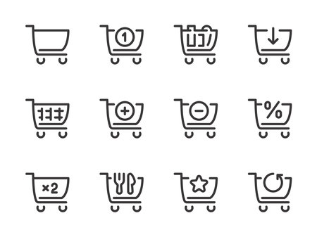 Shopping cart and Grocery trolley vector line icons. Store cart outline icon set.のイラスト素材
