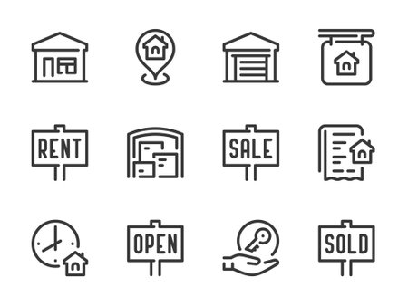 Real Estate and Property vector line icons. Building, House, Apartment and Home ownership outline icon set.のイラスト素材