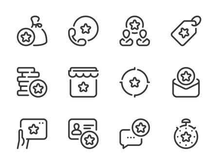 Loyalty program and Bonus points vector line icons. Collect coins and Reward star outline icon set. Membership system, Benefit, Special, Gift bonus offer and more.のイラスト素材