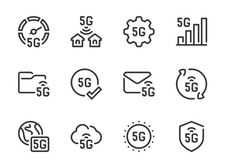 5G Communication Technology vector line icons. High Speed Wireless Network outline icon set.のイラスト素材