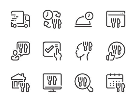 Delivery Food Service and Online Order vector line icons. Takeaway, Ordering Groceries and Meal Delivery outline icon set.のイラスト素材