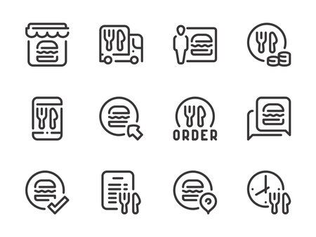 Meal Delivery and Food Delivery Service vector line icons. Ordering Groceries, Takeaway and Online Food Order outline icon set.のイラスト素材
