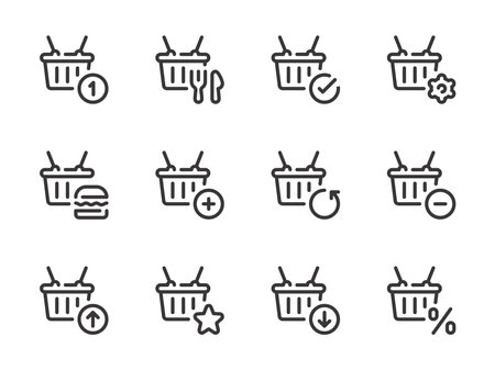 Shopping basket vector line icons. Supermarket and Grocery basket outline icon set.のイラスト素材