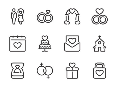 Wedding day and Solemn event vector line icons. Marriage and Engagement outline icon set.のイラスト素材