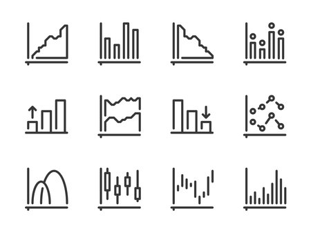 Graph and Chart vector line icons. Graphical Data Report outline icon set. Dot Plot, Statistics, Graphic, Diagram, Flowchart and more.のイラスト素材