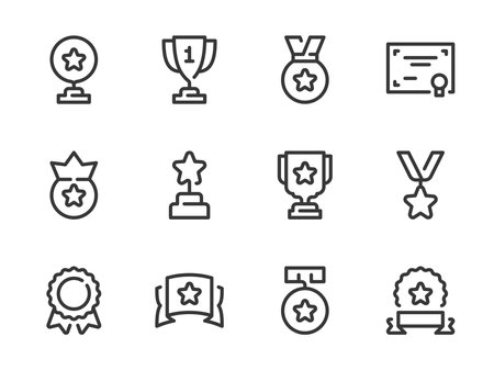 Awards, Prize Cup and Trophy vector line icons. Victory Medal and Winner Ribbon outline icon set. Trophy cup, Certificate, Diploma and more.のイラスト素材