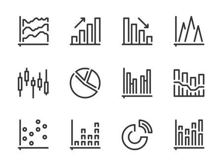 Graph and Chart vector line icons. Graphical Data Report outline icon set. Pie chart, Statistics, Graphic, Diagram, Dot Plot, Flowchart and more.のイラスト素材