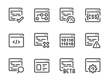 Programming and Website Performance vector line icons. Coding and Software Development outline icon set. Website, CSS, Code and more.のイラスト素材