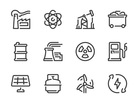 Energy Production and Power Station vector line icons. Production Factory and Industry outline icon set. Solar Panel, Nuclear Power, Coal Mining, Wind Tower, Oil Derrick and more.のイラスト素材